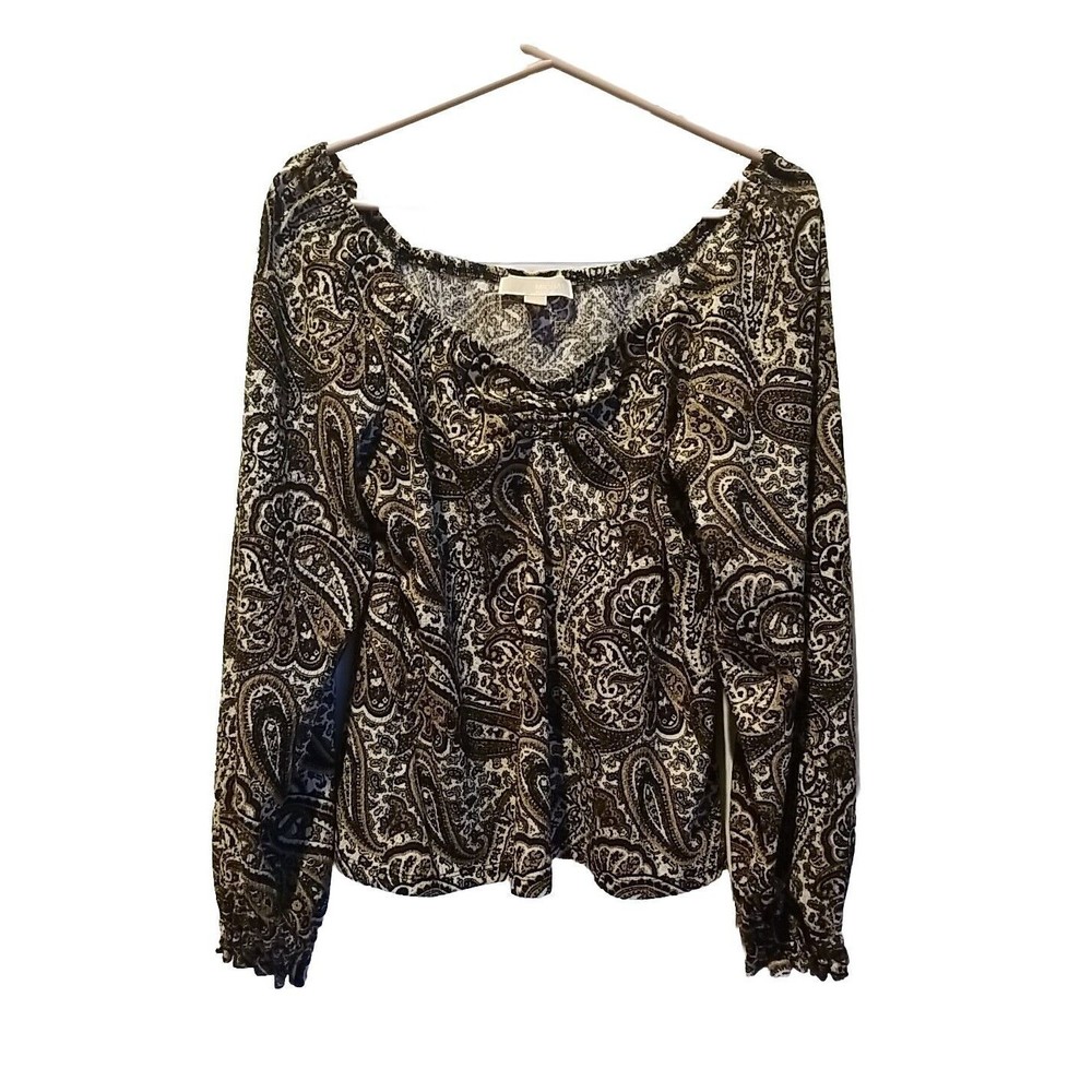 Michael Kors Paisley Geometric Blouse  Rouched Puffed Sleeve Top Sz L Pe…